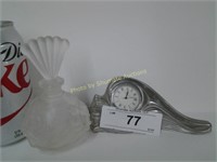 Kirk Stieff Pewter shell clock and perfume bottle