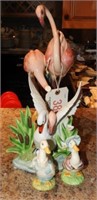 Flamingo Figurine (damaged), and goose figurines