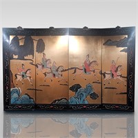 Set Of 4 Chinese Hand-Painted Brass Wood Panels
