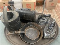Vintage Lunch Box, Watering Can, 3 Cast Iron Pans