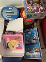 Box of kids items, Little Mermaid crayons, Barbie