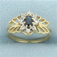 Sapphire and Diamond Flower Design Ring in 10k Yel