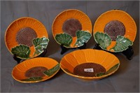 Bordallo Pinheiro Sunflower Salad Bowl w/4 Plates