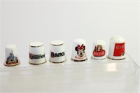 Lot of 6 Porcelain Thimbles Disney and Coca Cola