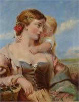 19th C. MOTHER AND CHILD OIL ON CANVAS PAINTING