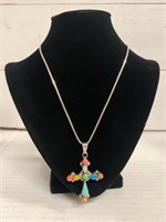 Multi Colored Turquoise and Coral Sterling Cross