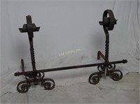 Antique Heavy Wrought Iron Fireplace Andirons Dog