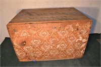 Pine shipping crate with wallpaper remnants, stenc