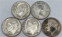 (4) Silver Roosevelt Dimes & 1 Silver Canadian