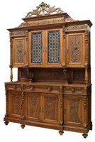 ITALIAN CARVED WALNUT STAINED GLASS SIDEBOARD