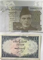Pakistan 1 & 5 Rupees World Paper Money