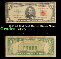 1963 $5 Red Seal United States Note Grades vf+