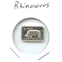 1 gram Silver Bar - Rhinoceros, .999 Fine Silver