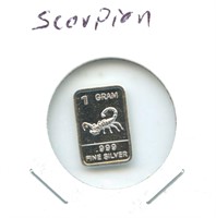 1 gram Silver Bar - Scorpion, .999 Fine Silver