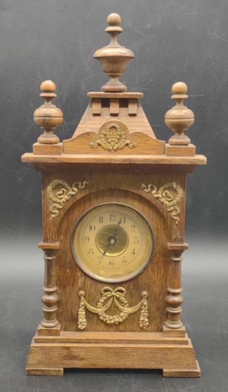 (E) Unmarked Wood Mantle Clock, 7" x 4" x 14"