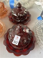 2 Ruby Round Covered Glass Butter Dishes
