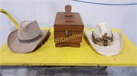 2 Cowboy Hats & Wooden Shoeshine Box & contents