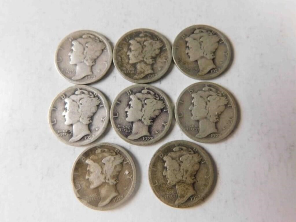 1923 S (x1) and P (x7) Mercury dimes