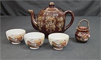 (5) Japan Redstone Moriage Teapot, 3 Sake Cups