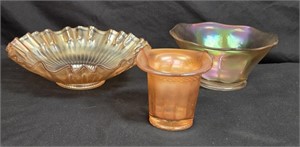 (2) Carnival Glass Bowls & (1) Pinched Hat