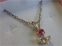 Natural Ruby Floral Pendant & Chain-New