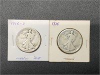Two 1916 Walking Liberty Half Dollars