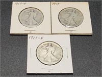 Three 1917 Walking Liberty Half Dollars