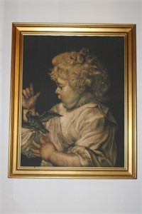 Framed Silk/Print Rubens " The Child with a Bird"
