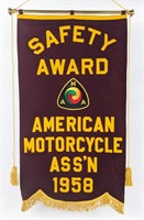 1958 AMA Brown Felt Motorcycle Saftey Award Banner