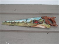 painted saw,cow bell & items