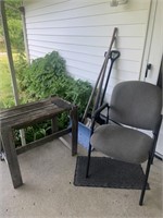 Chair, table, 4 shovels