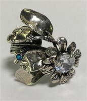 Sterling Silver Floral Design Ring W/ Blue Stones