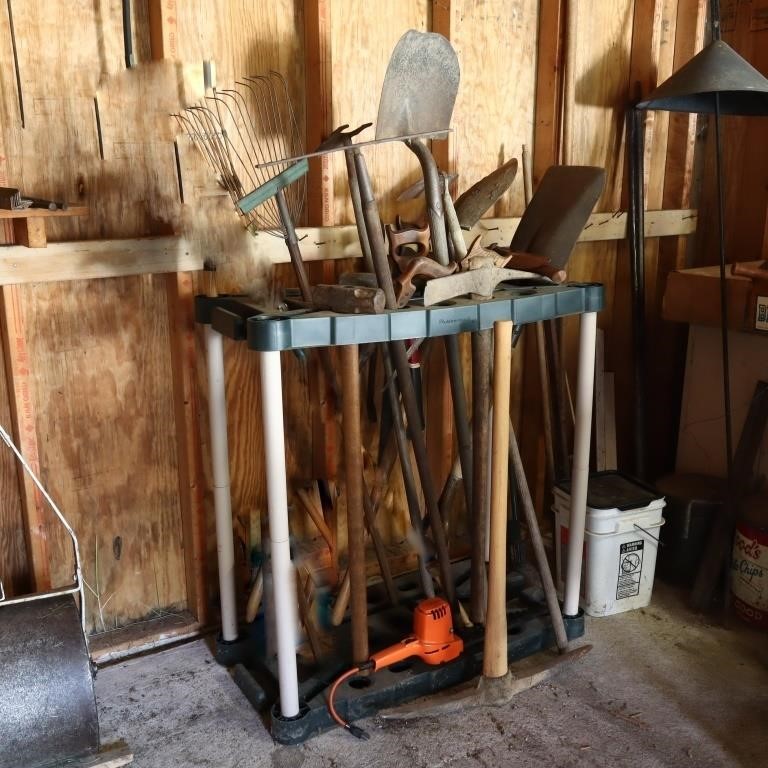 Lot of Garden Tools and Stand