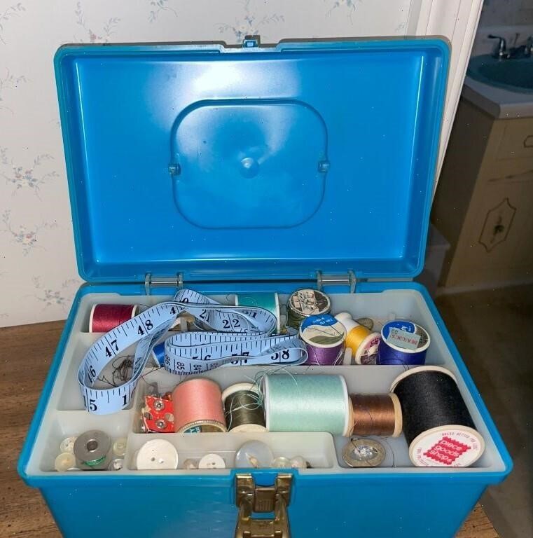 Vintage Blue Plastic Sewing Box with Asst. Sewing