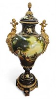 Ornate Covered Hand-Painted Urn w/ Cherub Figures.