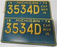 NOS 1974 Michigan License Plates in Original