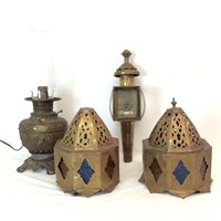 (4) Brass Lanterns, Hurricane Lamp, Shades