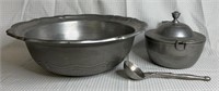 Large Pewter Bowl & Pewter Lidded Pot W/ Spoon