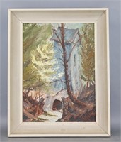 Oil on Board Painting of Trees and Mill