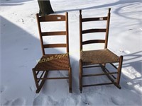 PAIR ANTIQUE ROCKING CHAIRS WITH WOVEN SEATS