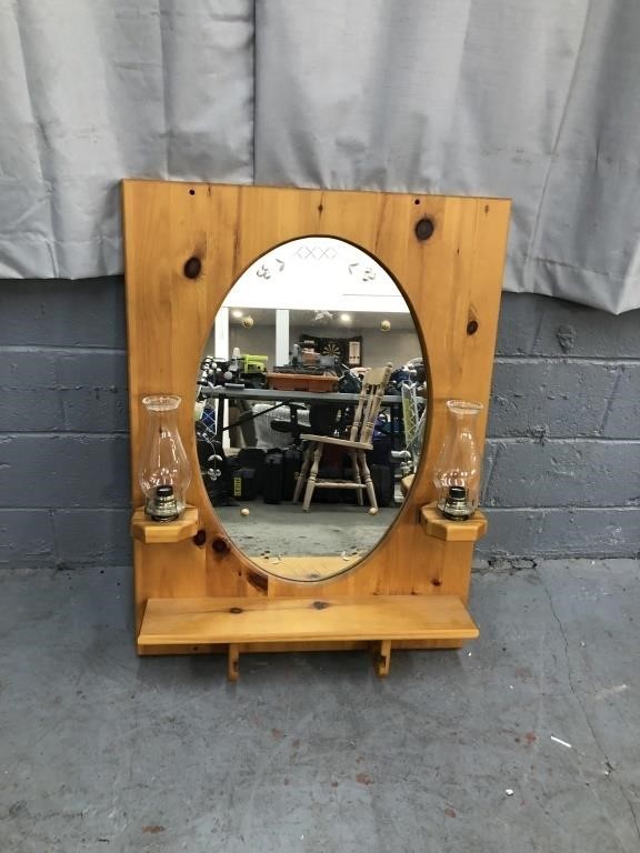 PINE FRAMED ANTIQUE MIRROR WITH 2 LIGHTS