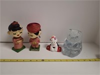 Vintage Oriental Bobble Heads, Statue, and Glass B