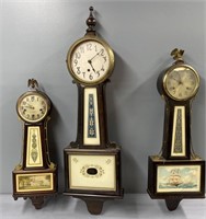 3 Wood Banjo Clocks; New Haven etc as is