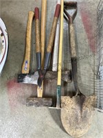 Garden tools including, shovel, axe, hoe, mail