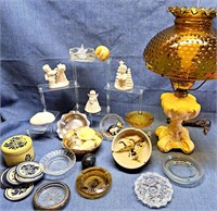 ASST ASHTRAYS AMBER HOBNAIL SHADE & FIGURINES