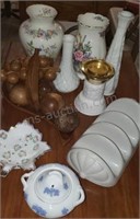 Wood fruit, vases, milk glass vases, miscellaneous