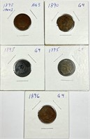 (5) Indian Head Cent Lot 1873,1890,1893,1895,1896