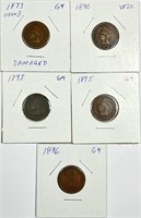 (5) Indian Head Cent Lot 1873,1890,1893,1895,1896