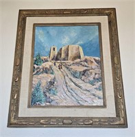 VINTAGE SOUTHWEST OIL PAINTING CHURCH SIGNED 18