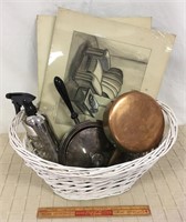 COPPER AND SILVER POTS, SKETCHES , BASKET & MORE